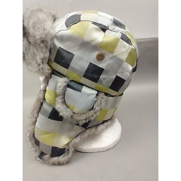 Chaos ski winter trapper hat ear flaps Green Gray quilt pattern Faux‎ Fur - Picture 9 of 10